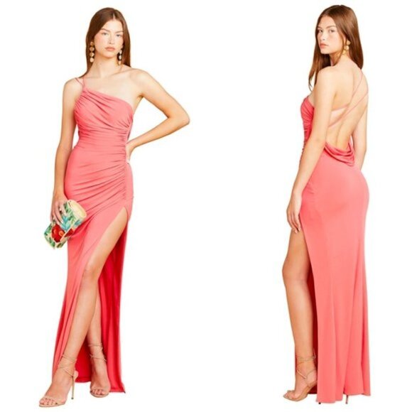 KATIE MAY Winnipeg One Shoulder Ruched Knit Gown in Coral Size Large - Picture 1 of 10